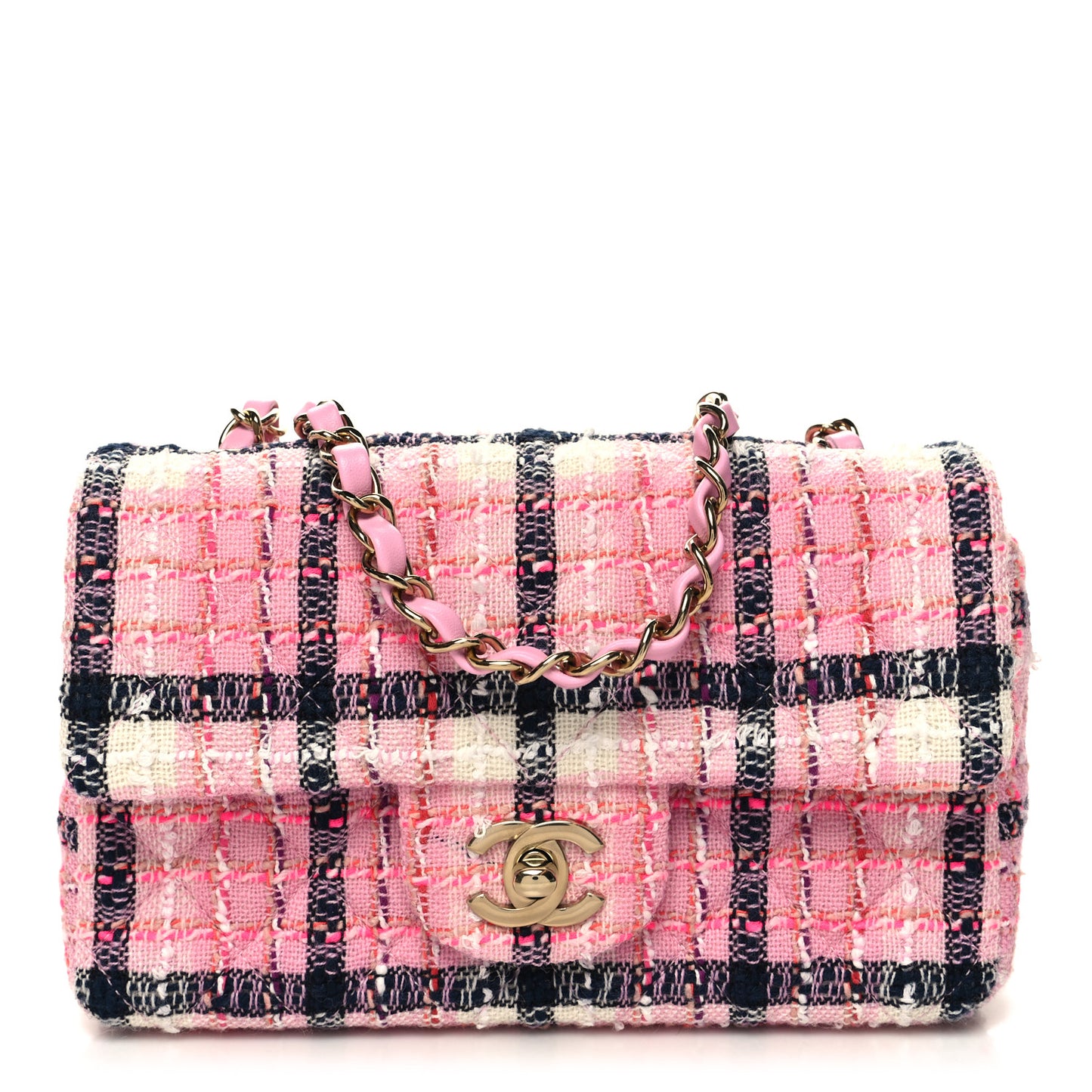 Tweed Quilted Mini Rectangular Flap Pink Navy White