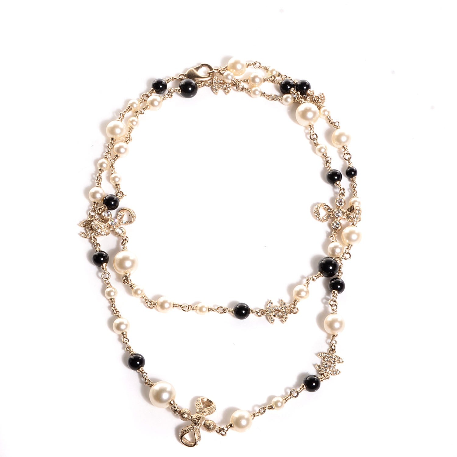 Chanel Pearl Crystal Bow CC Necklace Gold 1 of 5