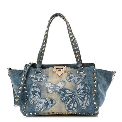 Valentino Garavani Denim Butterfly Embroidered Small Rockstud Tote Light Denim 1 of 9