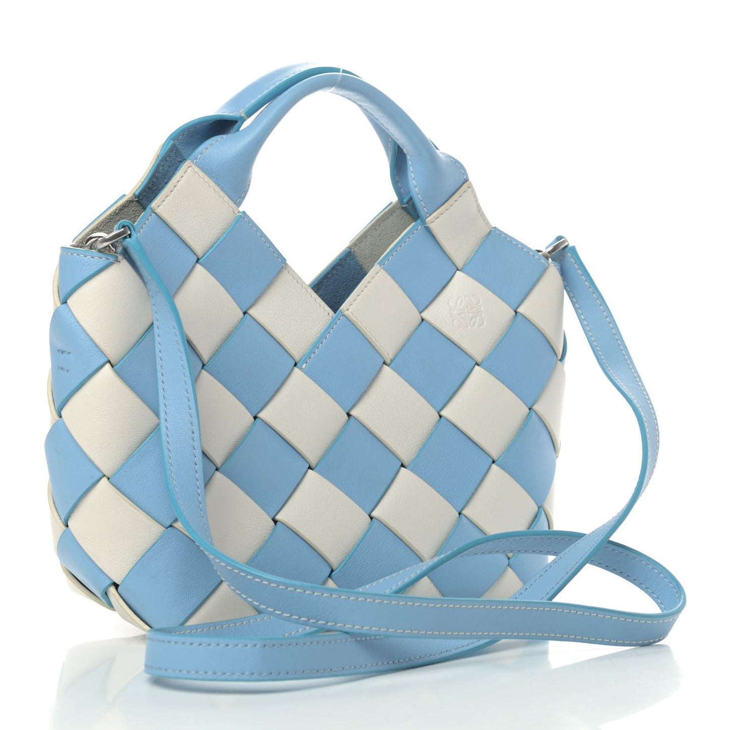 Calfskin Gingham Woven Basket Bag Blue White