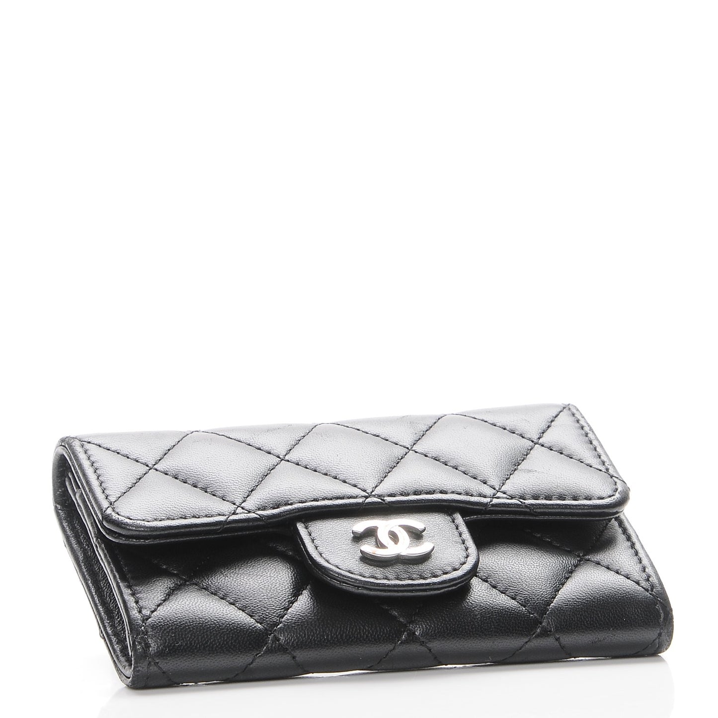 Lambskin Quilted Flap Card Holder Black