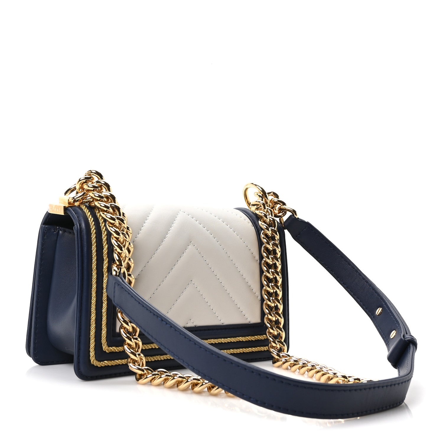 Chanel Calfskin Chevron Quilted Braided Small Boy Flap White Navy 3 of 11