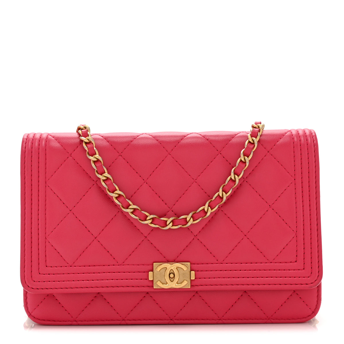 Lambskin Quilted Boy Wallet On Chain WOC Dark Pink