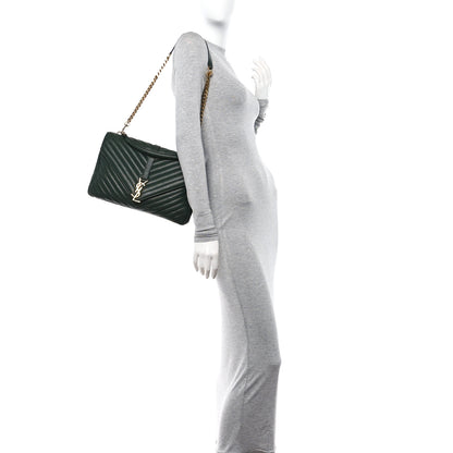 Saint Laurent Sheepskin Matelasse Chevron Monogram Large College Satchel Dark Green 2 of 15