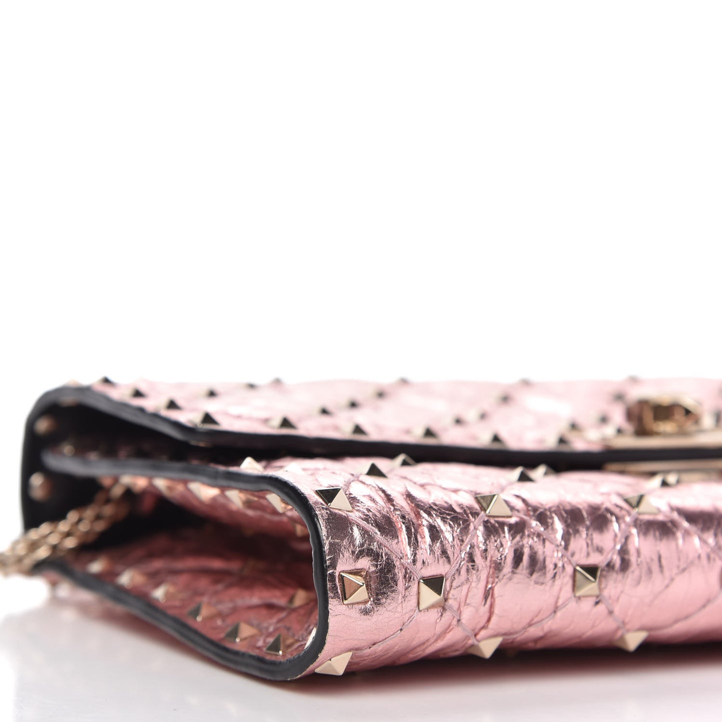 Metallic Wrinkled Lambskin Rockstud Spike Wallet on Chain Lipstick