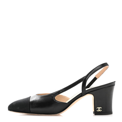 Chanel Goatskin Grosgrain Cap Toe CC Slingback Pumps 35 Black 1 of 13