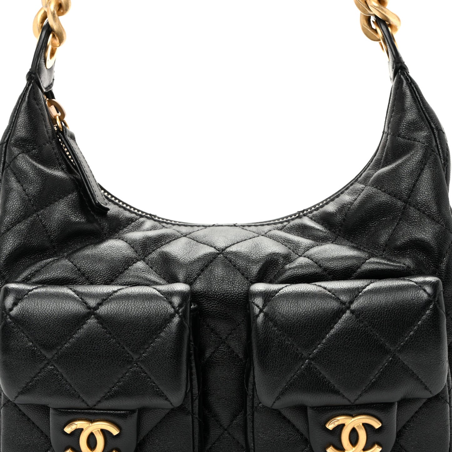 Shiny Lambskin Quilted Trendy Pockets Hobo Black