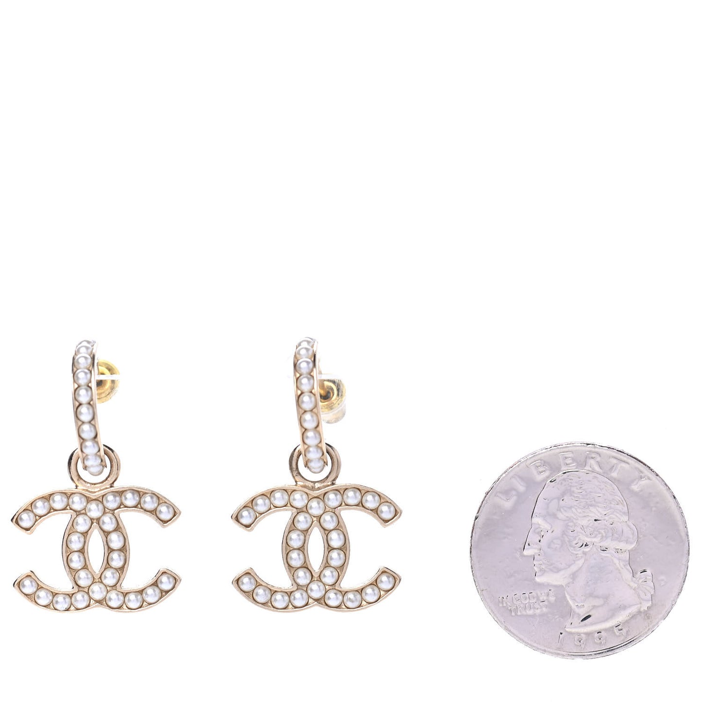Pearl CC Hoop Drop Earring Gold