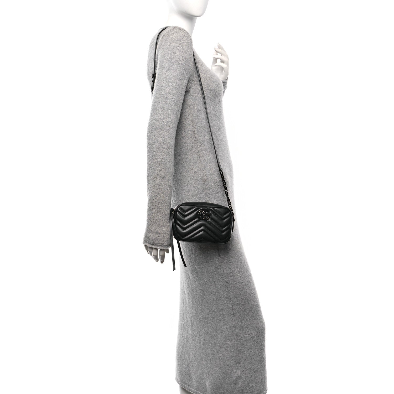 Gucci Calfskin Matelasse Monochrome Mini GG Marmont Chain Shoulder Bag Black 2 of 10