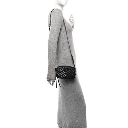 Gucci Calfskin Matelasse Monochrome Mini GG Marmont Chain Shoulder Bag Black 2 of 10