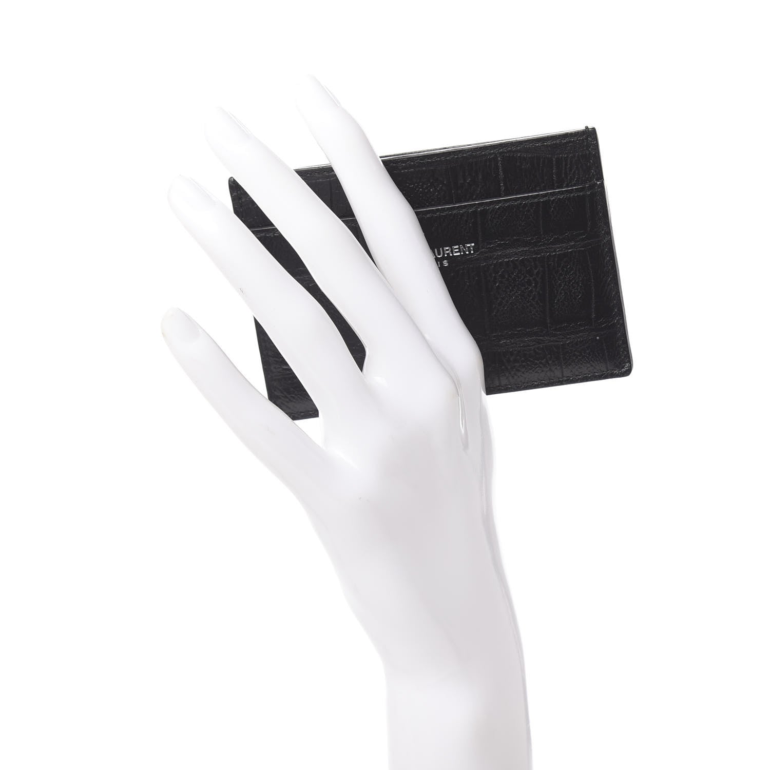 Saint Laurent Calfskin Crocodile Embossed Card Case Black 2 of 7