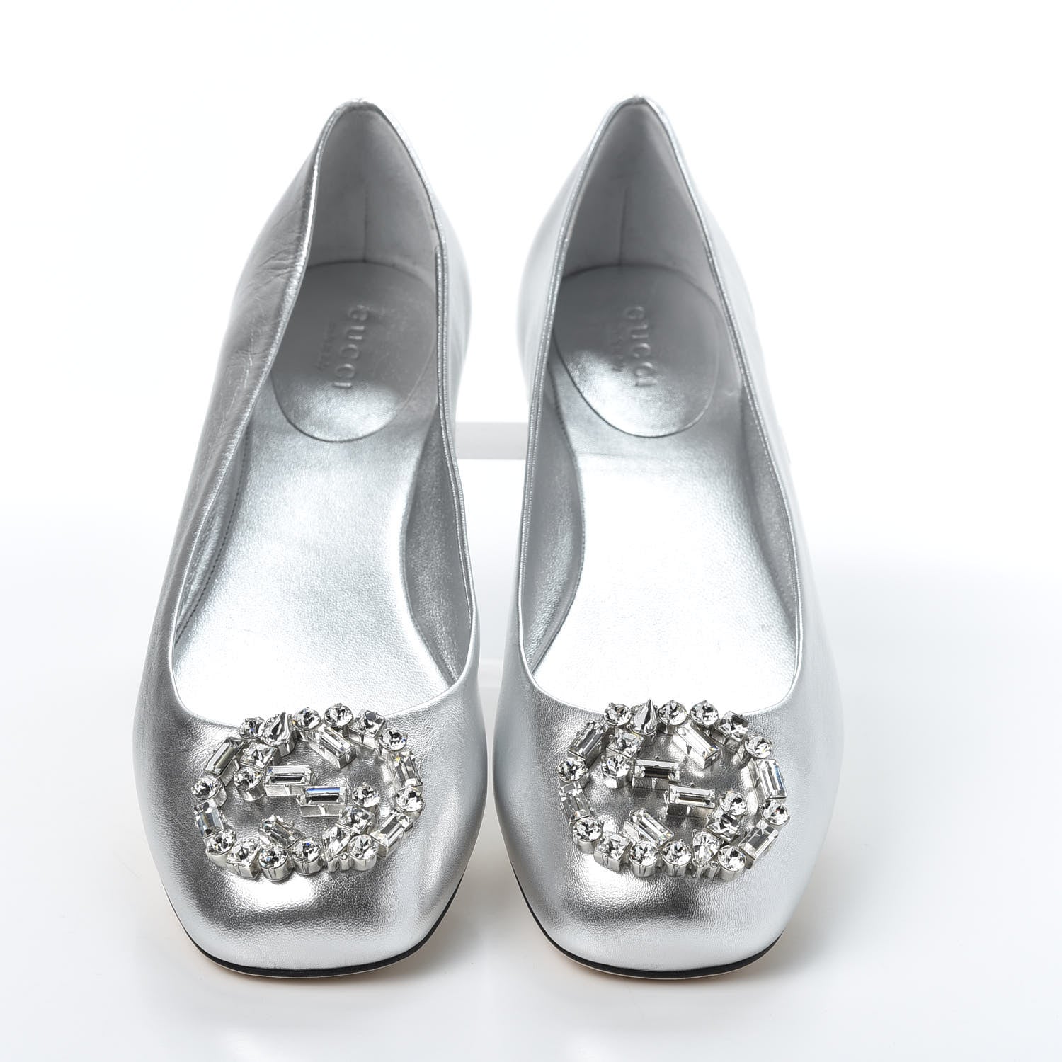 Gucci Metallic Nappa Silk Crystal Interlocking G Ballet Flats 39 Argento 5 of 11