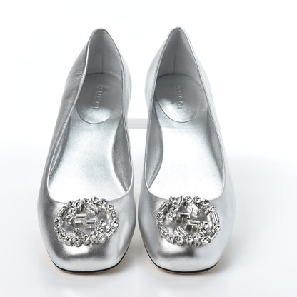 Gucci Metallic Nappa Silk Crystal Interlocking G Ballet Flats 39 Argento 5 of 11