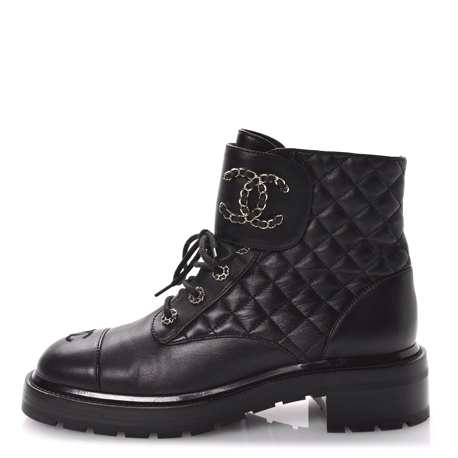 Chanel Shiny Lambskin Quilted Lace Up Combat Boots 41.5 Black 1 of 9