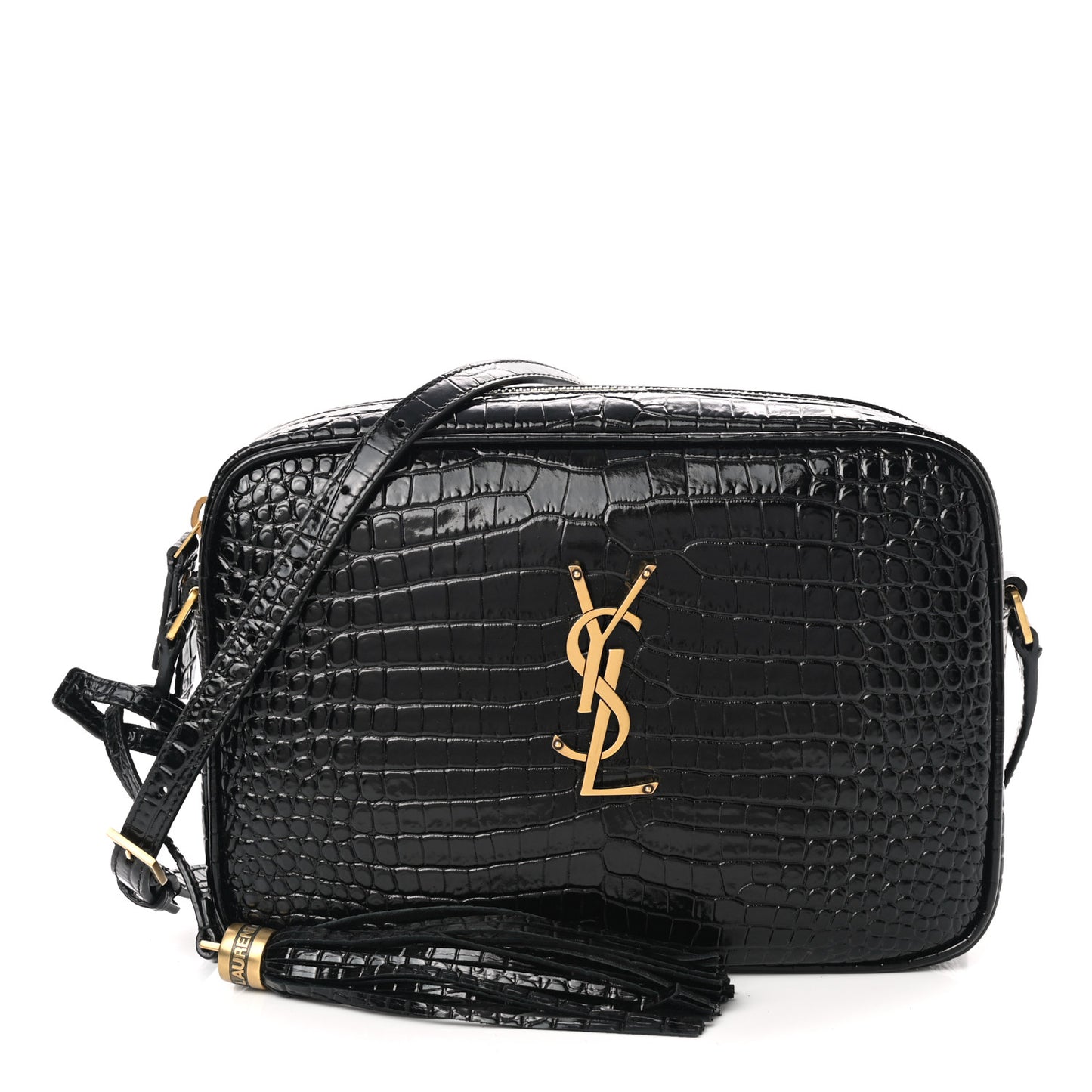 Patent Calfskin Crocodile Embossed Monogram Lou Camera Bag Black