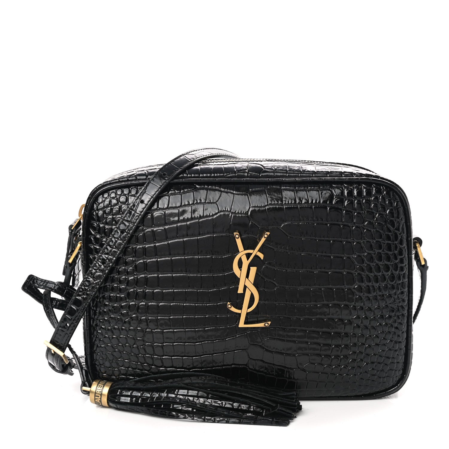 Saint Laurent Patent Calfskin Crocodile Embossed Monogram Lou Camera Bag Black 1 of 10