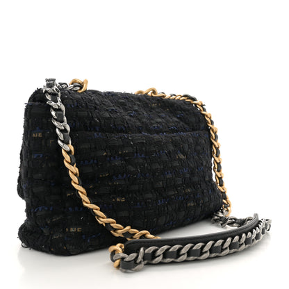 Chanel Tweed Quilted Large Chanel 19 Flap Black Navy Gold 3 of 11