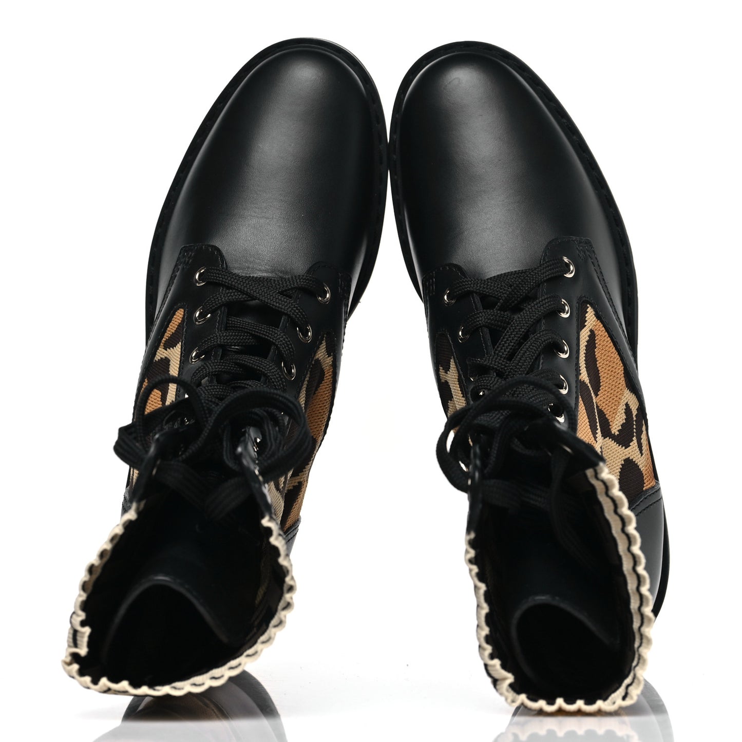 Calfskin Stretch Fabric FF Leopard Rockoko Biker Boots 39.5 Black