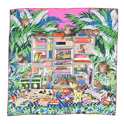 Hermes Silk Les Douze Leopards Double Face Scarf 90 Rose Bonbon Vert Verone 1 of 3