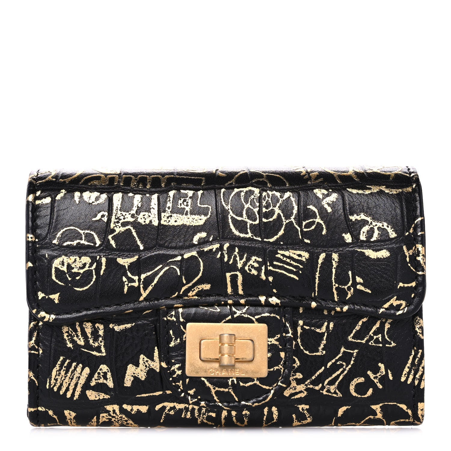 Chanel Calfskin Crocodile Embossed Graffiti 2.55 Cocodile Reissue Flap Card Holder Black Gold 1 of 11