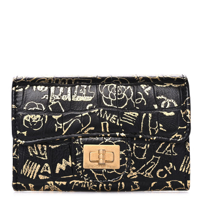 Chanel Calfskin Crocodile Embossed Graffiti 2.55 Cocodile Reissue Flap Card Holder Black Gold 1 of 11
