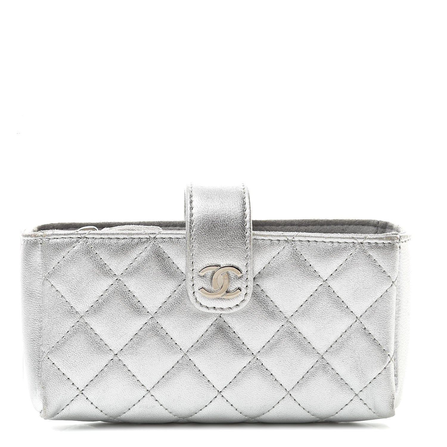 Chanel Metallic Lambskin Quilted Mini Phone Holder Clutch Silver 1 of 13