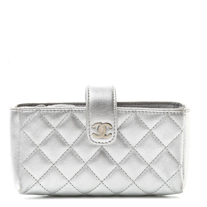 Chanel Metallic Lambskin Quilted Mini Phone Holder Clutch Silver 1 of 13