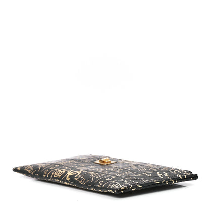 Chanel Calfskin Crocodile Embossed Graffiti 2.55 Cocodile Reissue Zip Pouch Black Gold 10 of 12