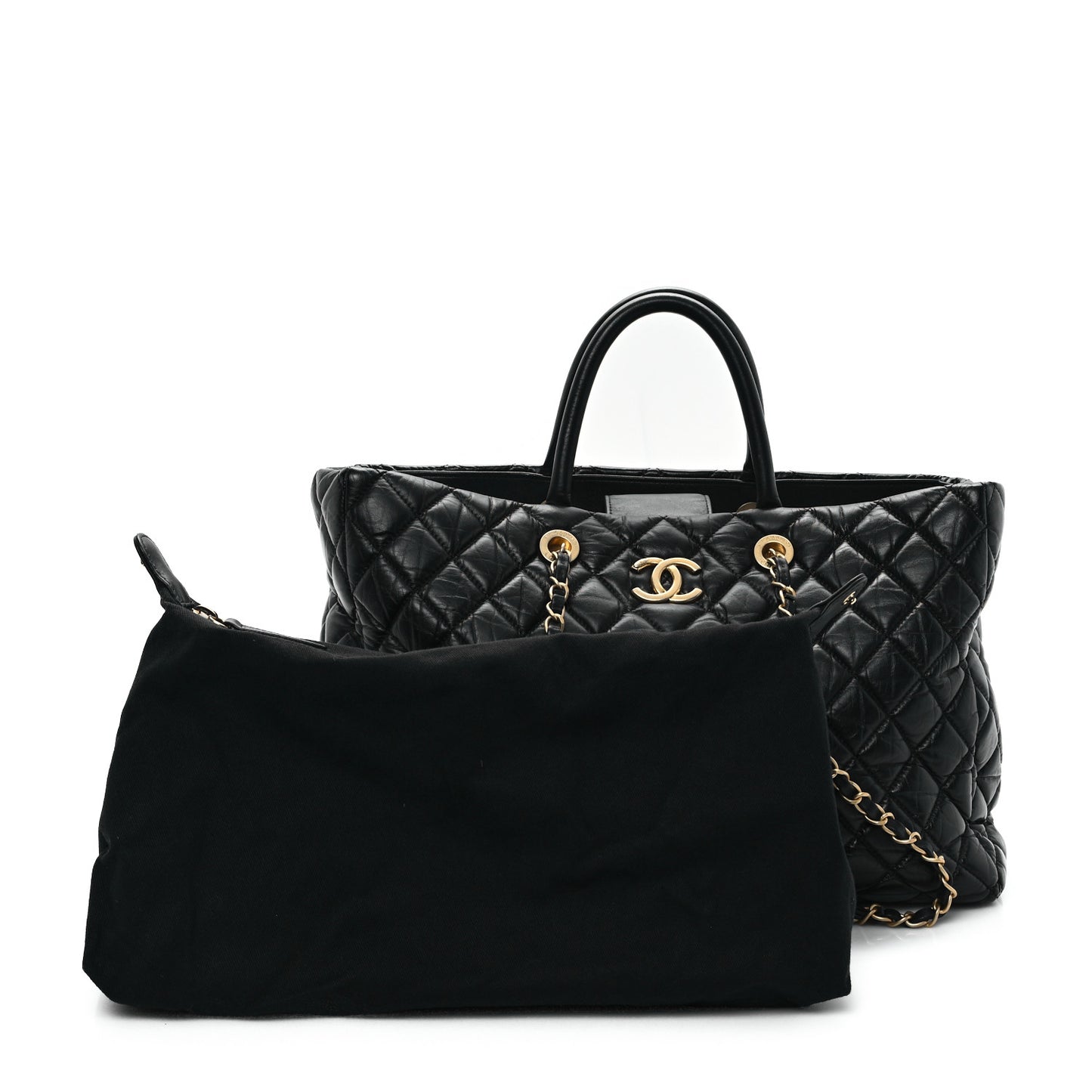 Aged Calfskin Quilted Large Coco Handle Shopping Tote Black