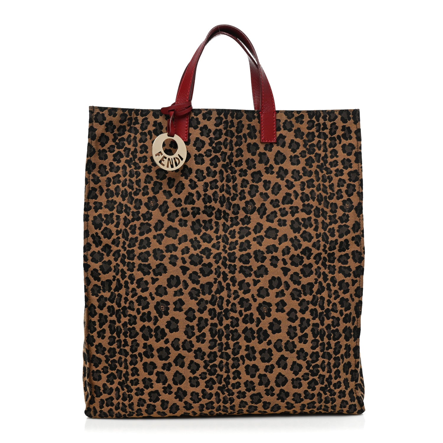 Fendi Jacquard Leopard Print Shopping Tote Brown Red 1 of 9