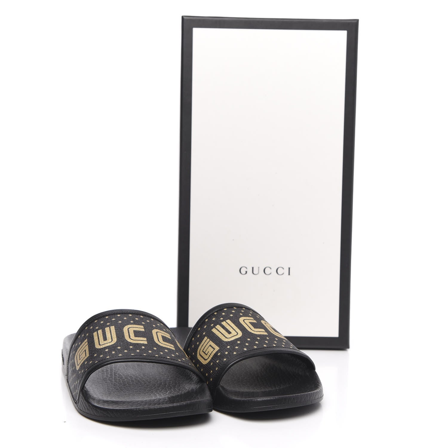 Gucci X SEGA Supreme Canvas GUCCY Stars Womens Slide Sandals 38 Black Gold 8 of 8
