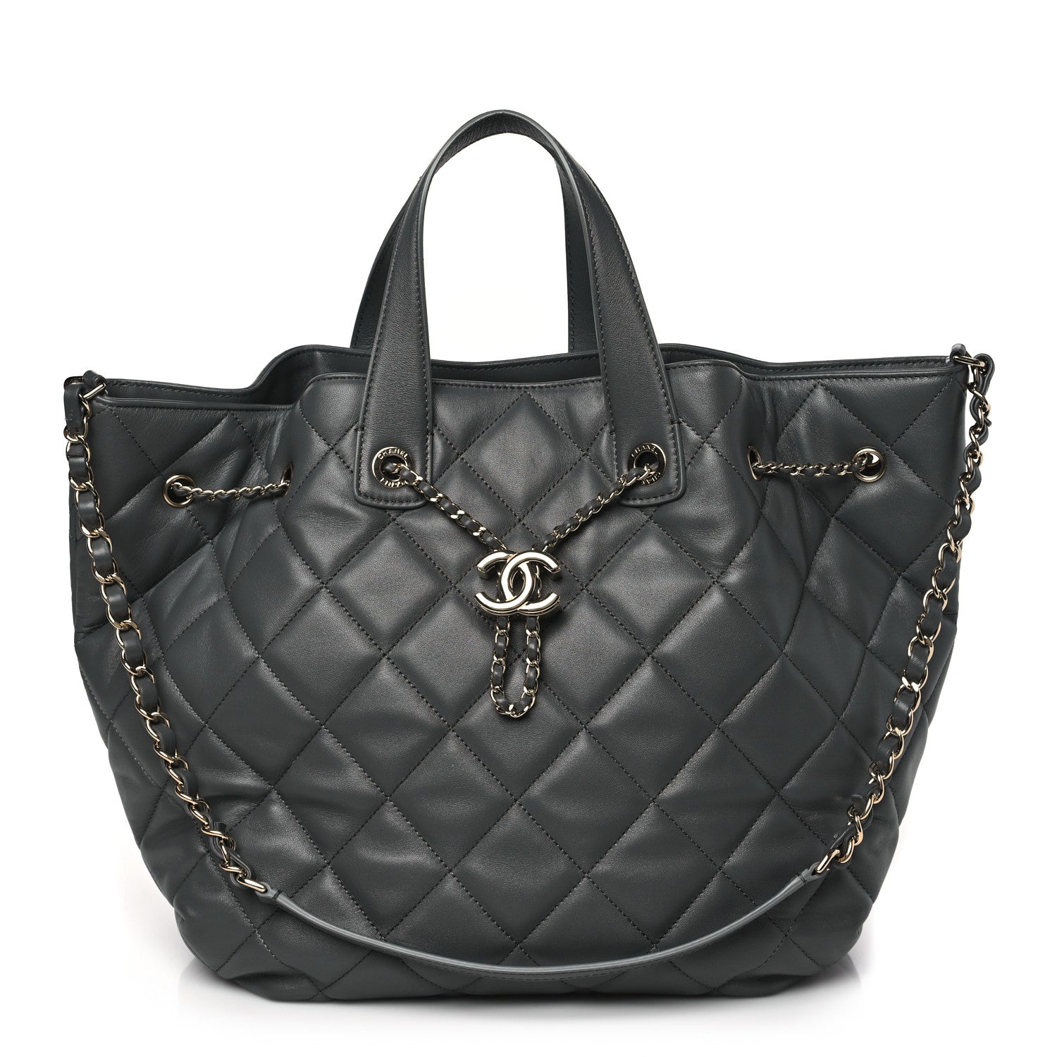 Chanel Lambskin Quilted CC Dweller Drawstring Tote Grey 1 of 13