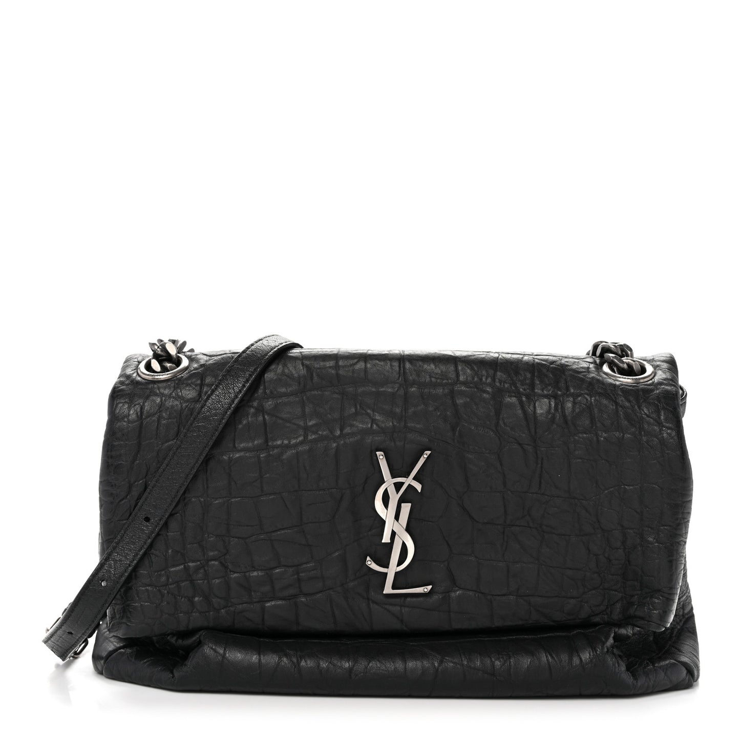 Calfskin Crocodile Embossed Medium West Hollywood Monogram Fold-Over Black