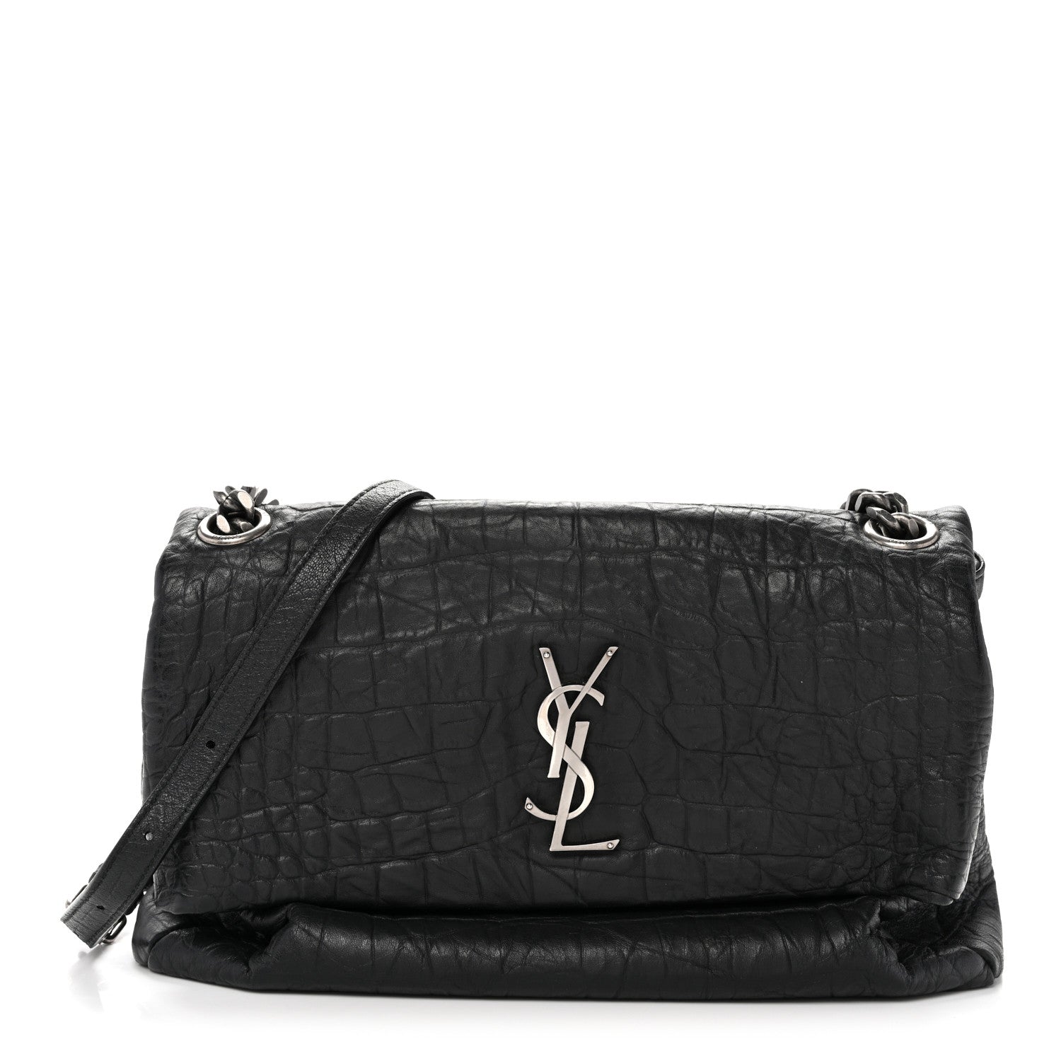 Saint Laurent Calfskin Crocodile Embossed Medium West Hollywood Monogram Fold-Over Black 1 of 13