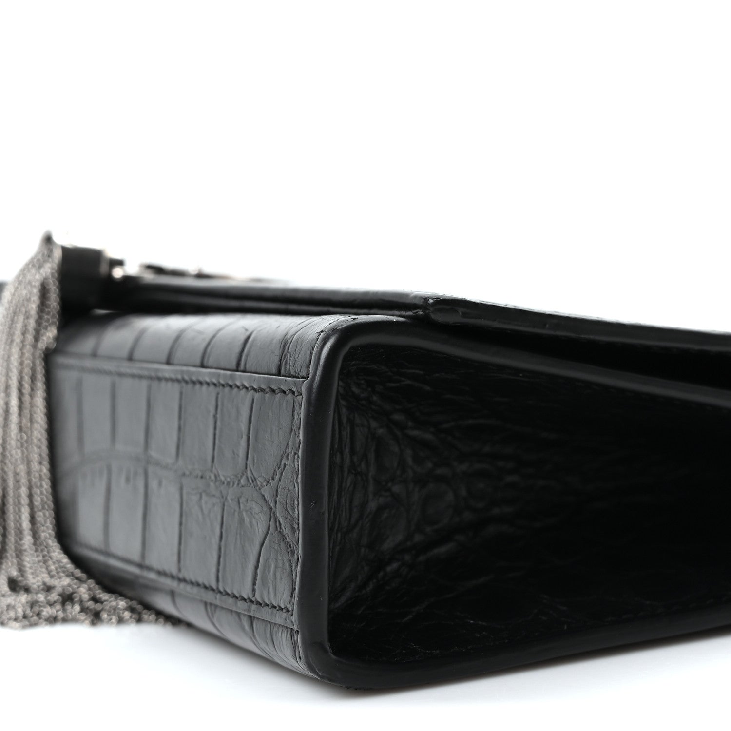 Saint Laurent Calfskin Crocodile Embossed Medium Classic Monogram Kate Tassel Satchel Black 10 of 10