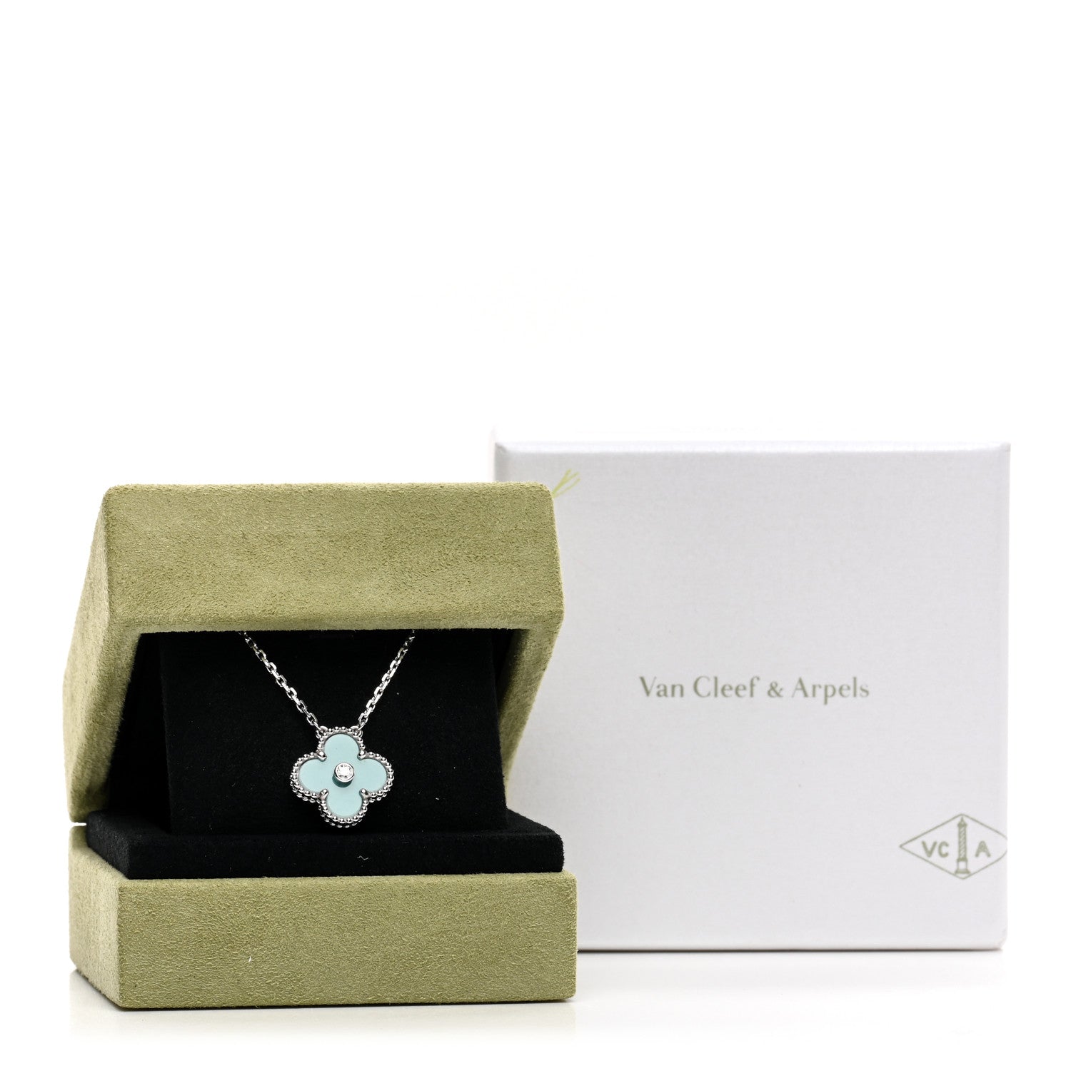 Van Cleef & Arpels 18K White Gold Diamond Celadon Green Sevres Porcelain Vintage Alhambra Pendant Necklace 3 of 6