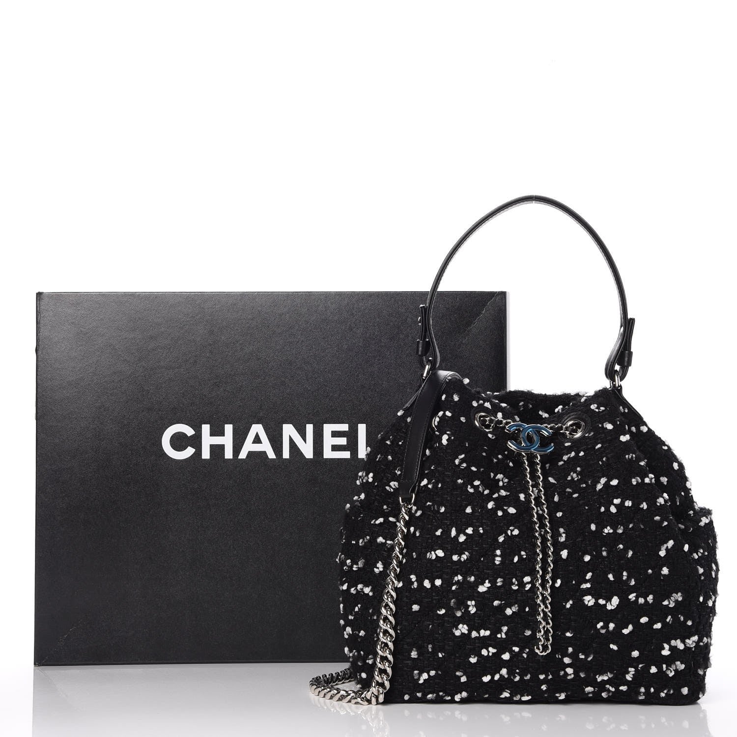 Chanel Calfskin Tweed Medium CC Chain Bucket Drawstring Bag White Black 8 of 8