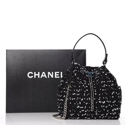 Chanel Calfskin Tweed Medium CC Chain Bucket Drawstring Bag White Black 8 of 8