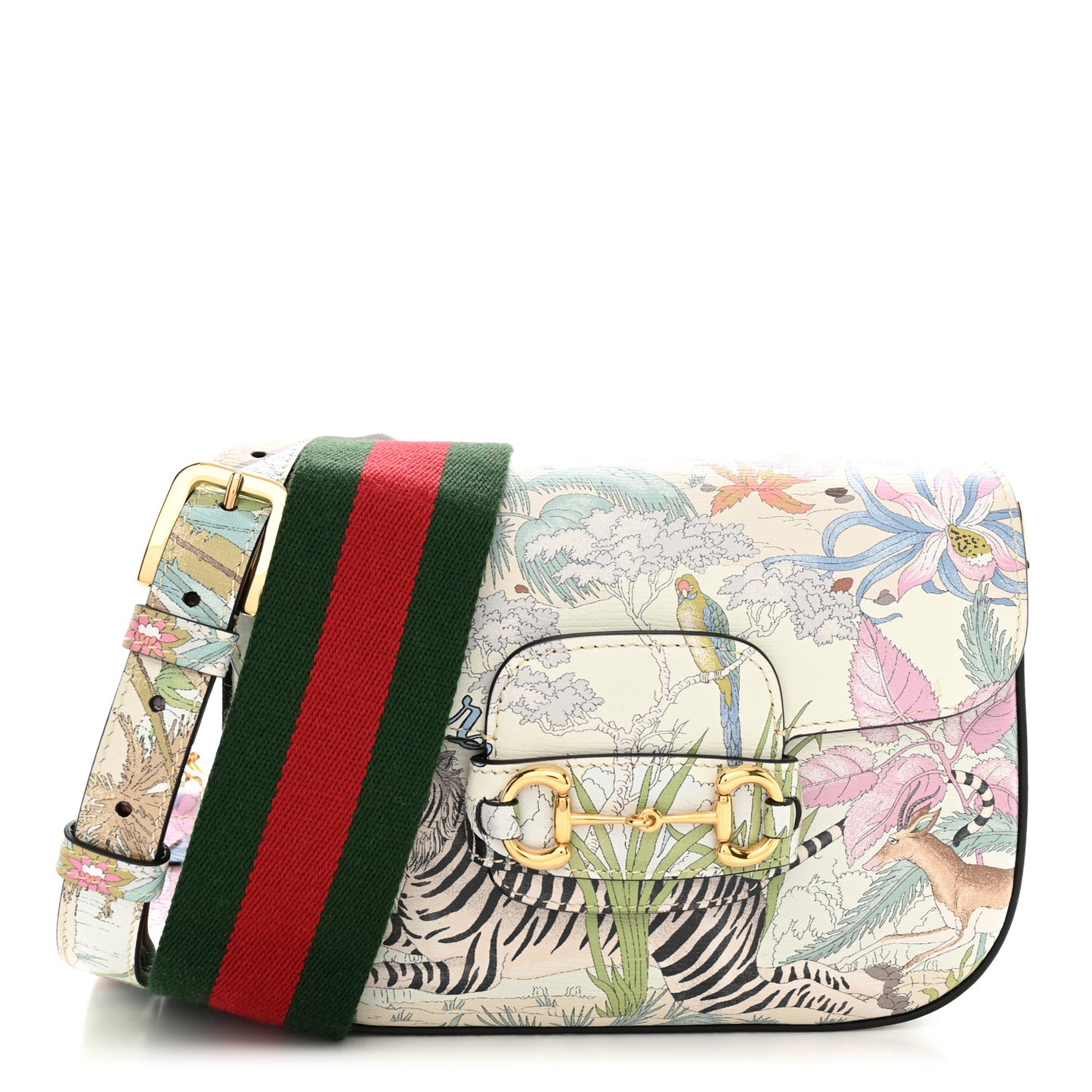 New Shangai Calfskin Tiger Savanah Web Mini Horsebit 1955 Shoulder Bag Chalky White Multicolor