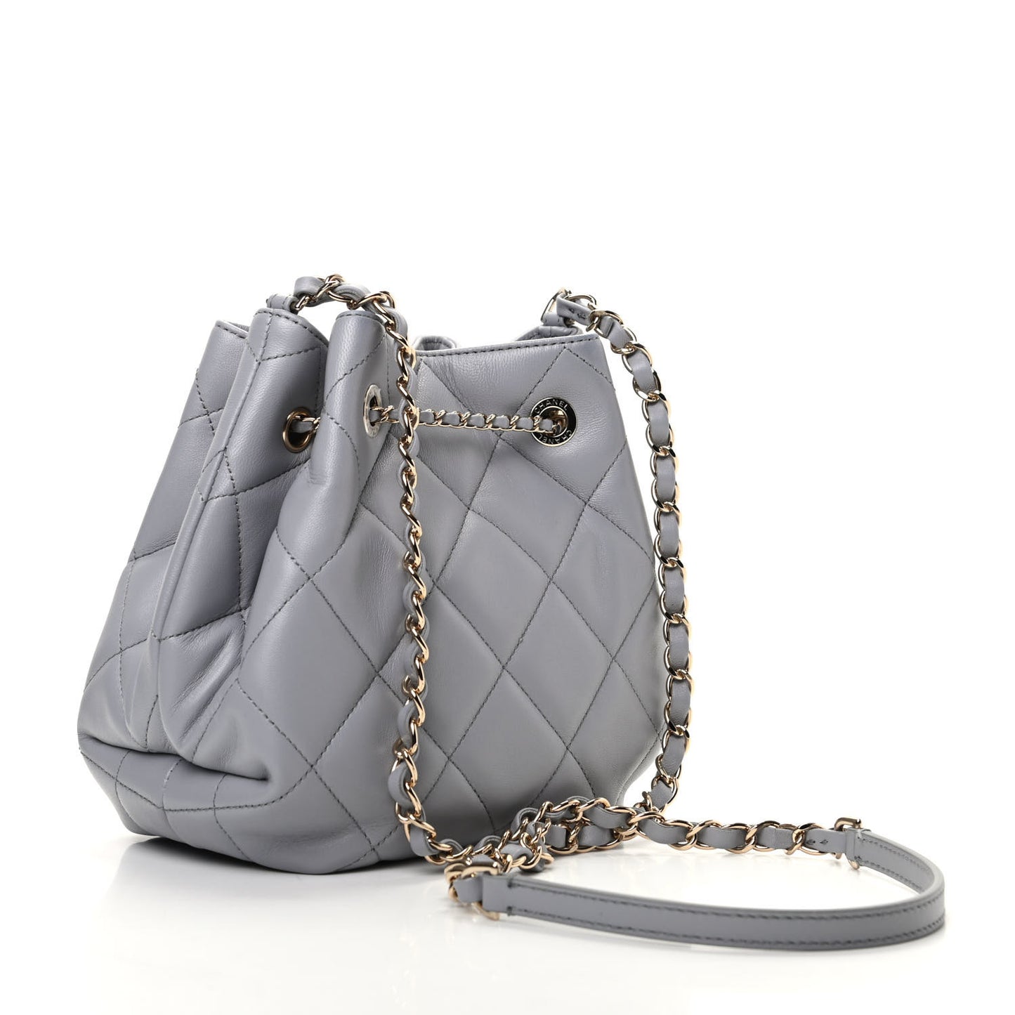 Lambskin Quilted CC Dweller Drawstring Bucket Bag Light Grey