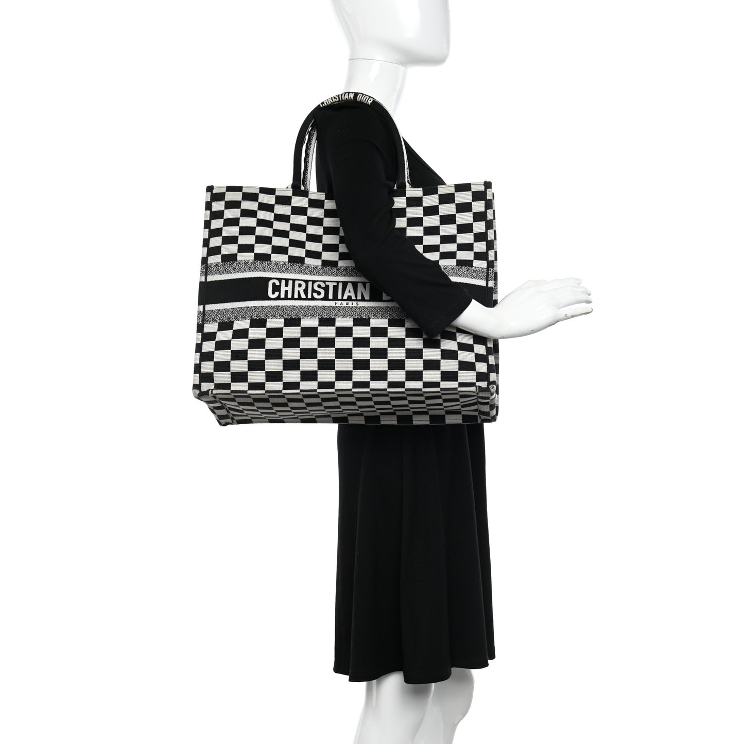 Canvas Embroidered Checkered Book Tote Black White