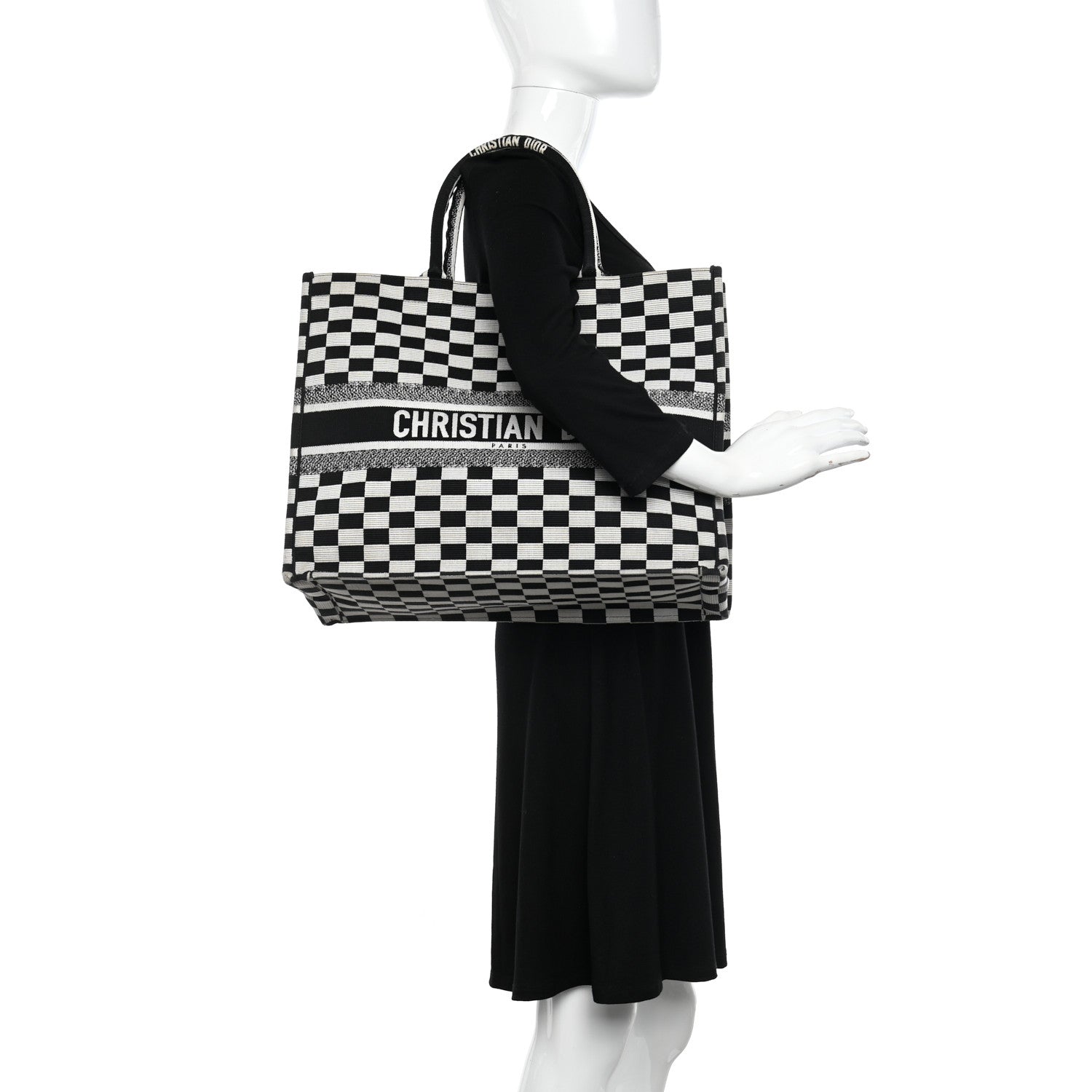 Christian Dior Canvas Embroidered Checkered Book Tote Black White 2 of 11