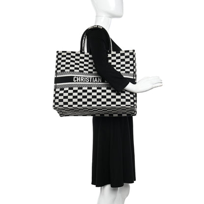 Christian Dior Canvas Embroidered Checkered Book Tote Black White 2 of 11