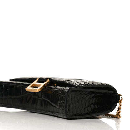 Balenciaga Shiny Calfskin Crocodile Embossed Hourglass Chain Bag Black 8 of 10