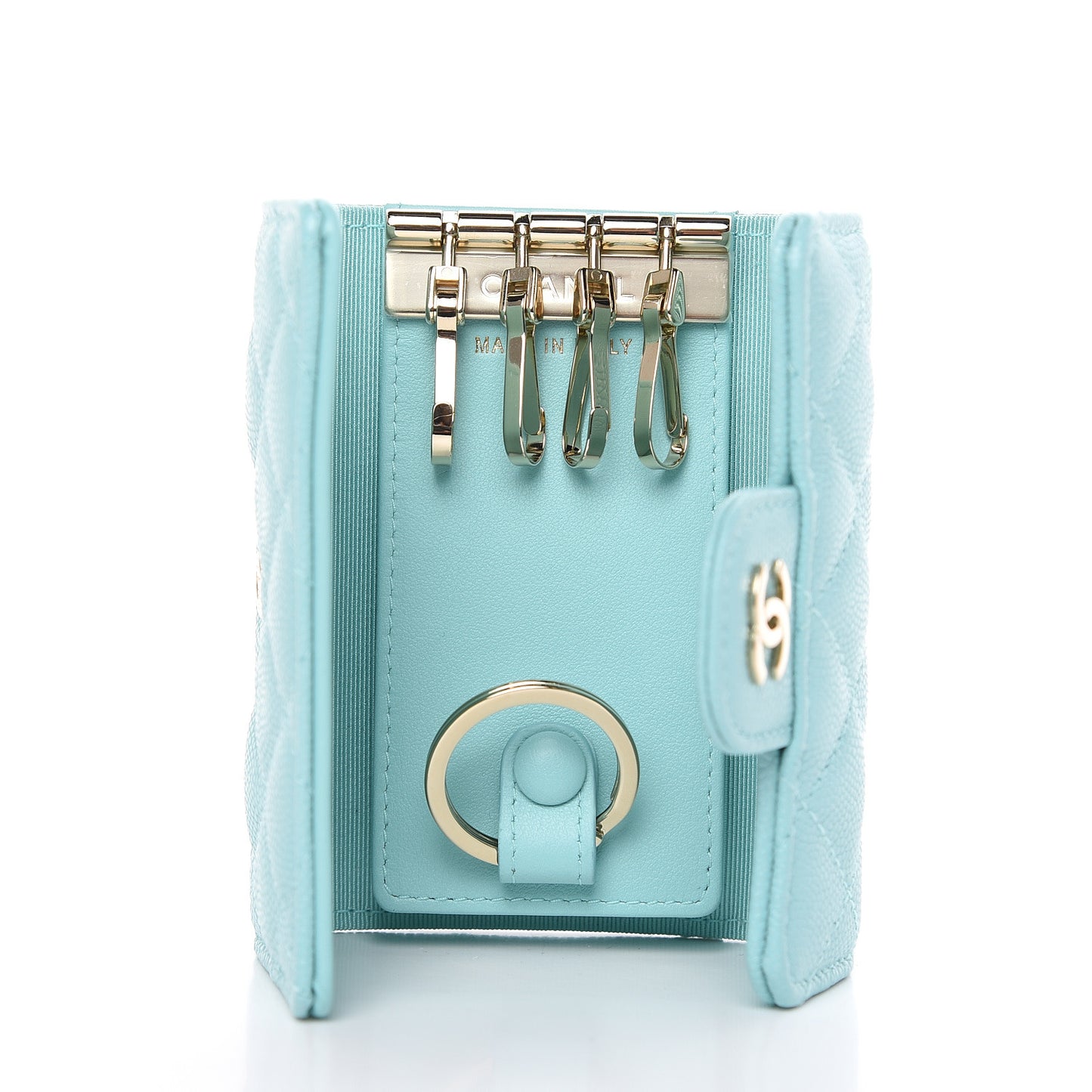 Iridescent Caviar Quilted Classic 4 Key Holder Wallet Light Blue