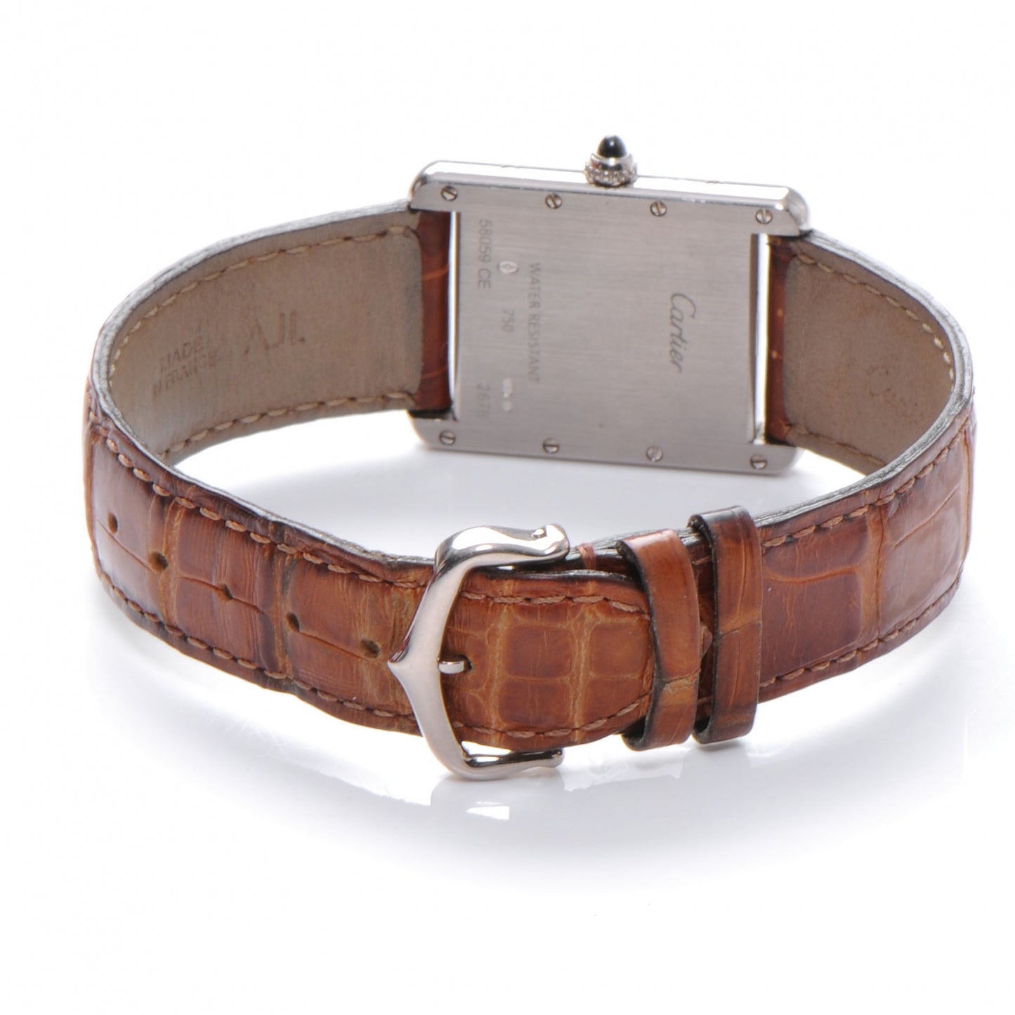 18K White Gold Alligator 26mm Tank Louis Quartz Watch Brown