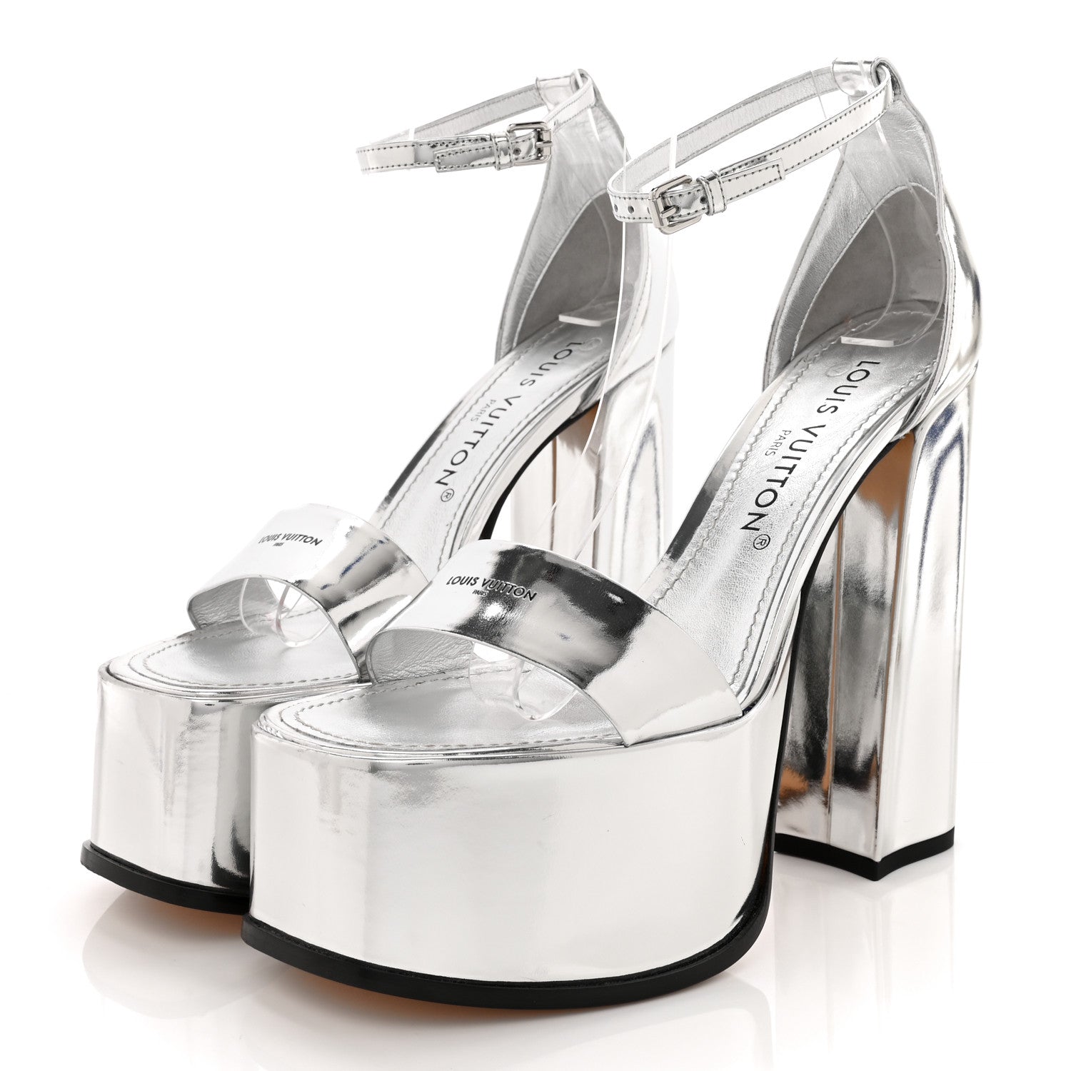 Louis Vuitton LOUIS VUITTON Metallic Calfskin Fame Platform Sandal 38.5 Argent 3 of 11