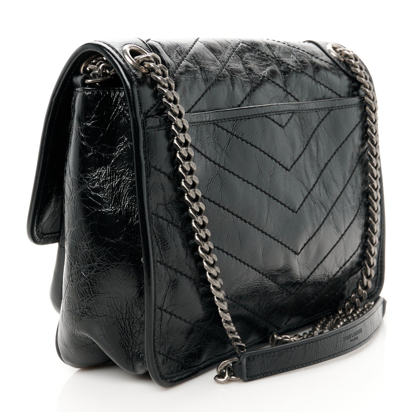 Crinkled Calfskin Matelasse Monogram Medium Niki Chain Satchel Black