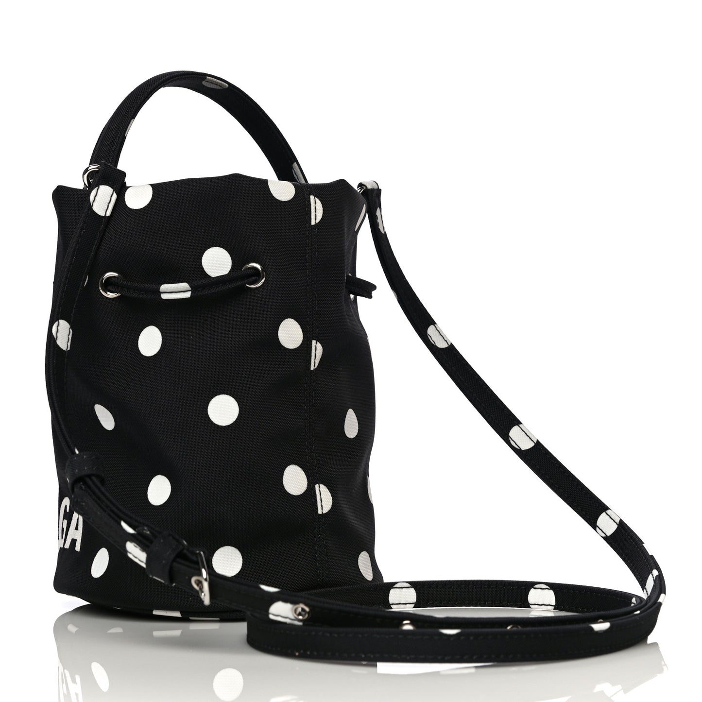 Recycled Sport Nylon Polka Dot Logo Embroidered Wheel Drawstring Bucket Bag XS Black White