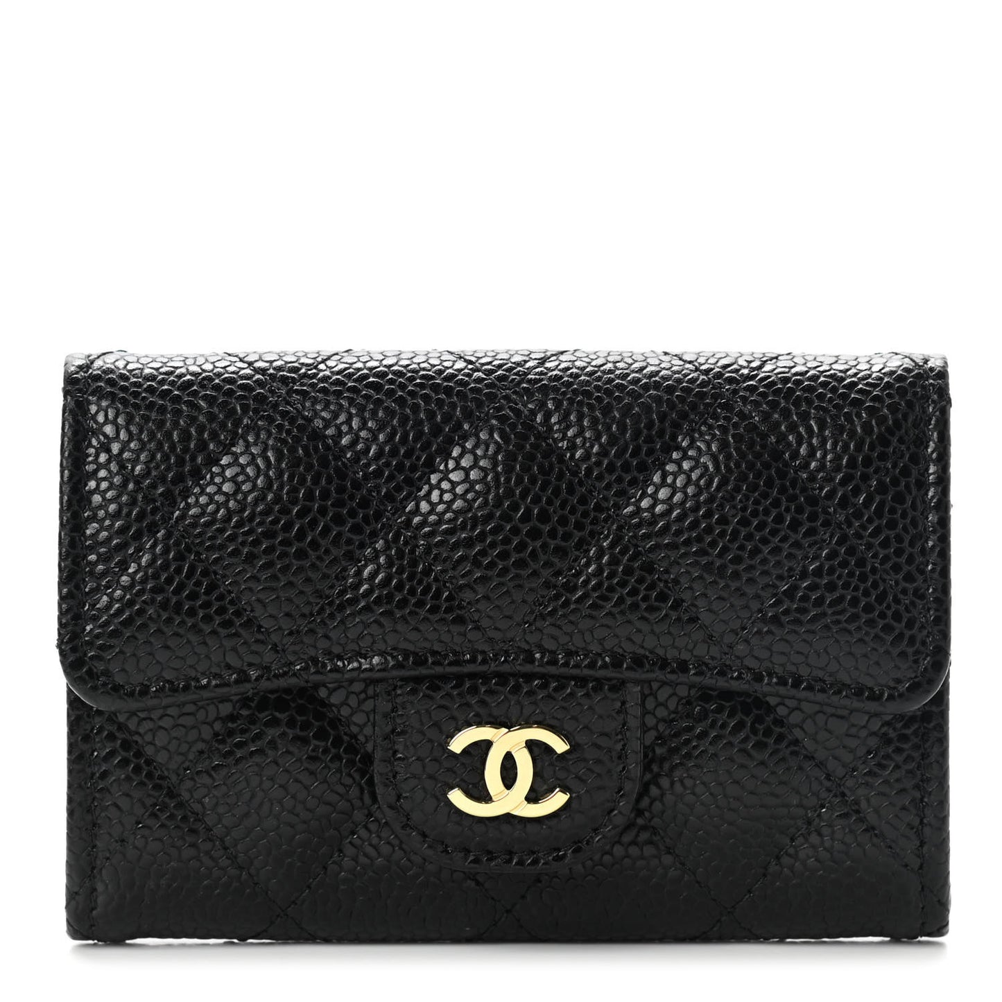 Caviar Quilted Flap Card Holder Wallet Black